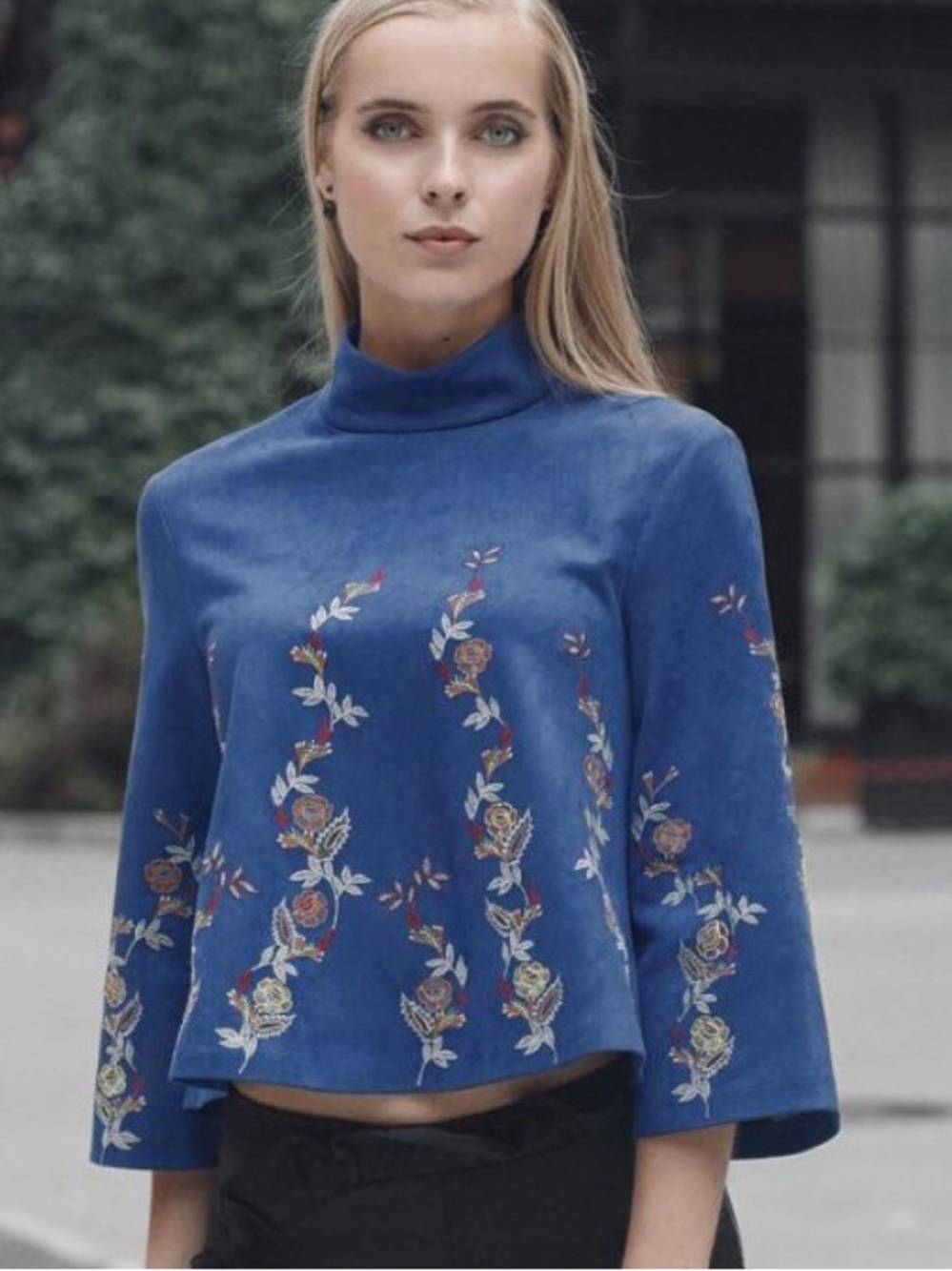 Zara Women Embroidered Royal Blue Floral  Vegan Suede
